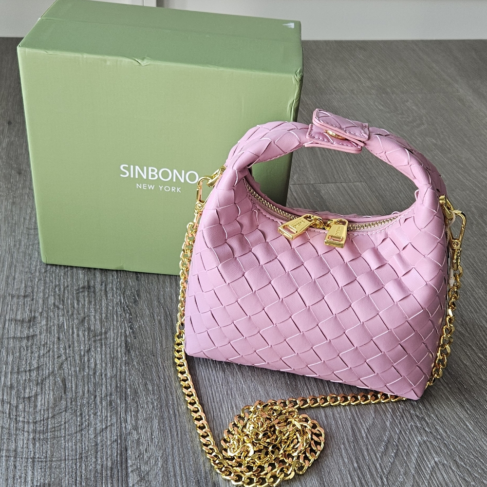 SINBONO Pink Woven Shoulder Bag with Gold Chain